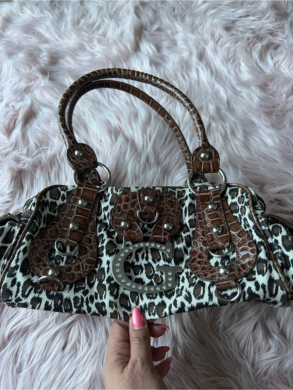 y2k Studded 'G' Accent Leopard Print Satchel - Brown & Black